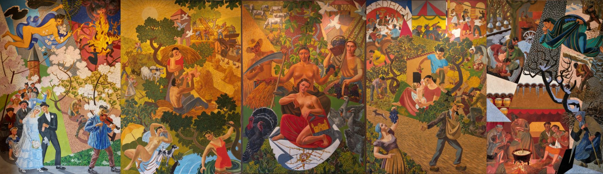all&eacute;gorie de la ville et les 4 saison rythmant la vie de L'ISle-en-Dodon. peintures de Ren&eacute; Gaston Lagorre